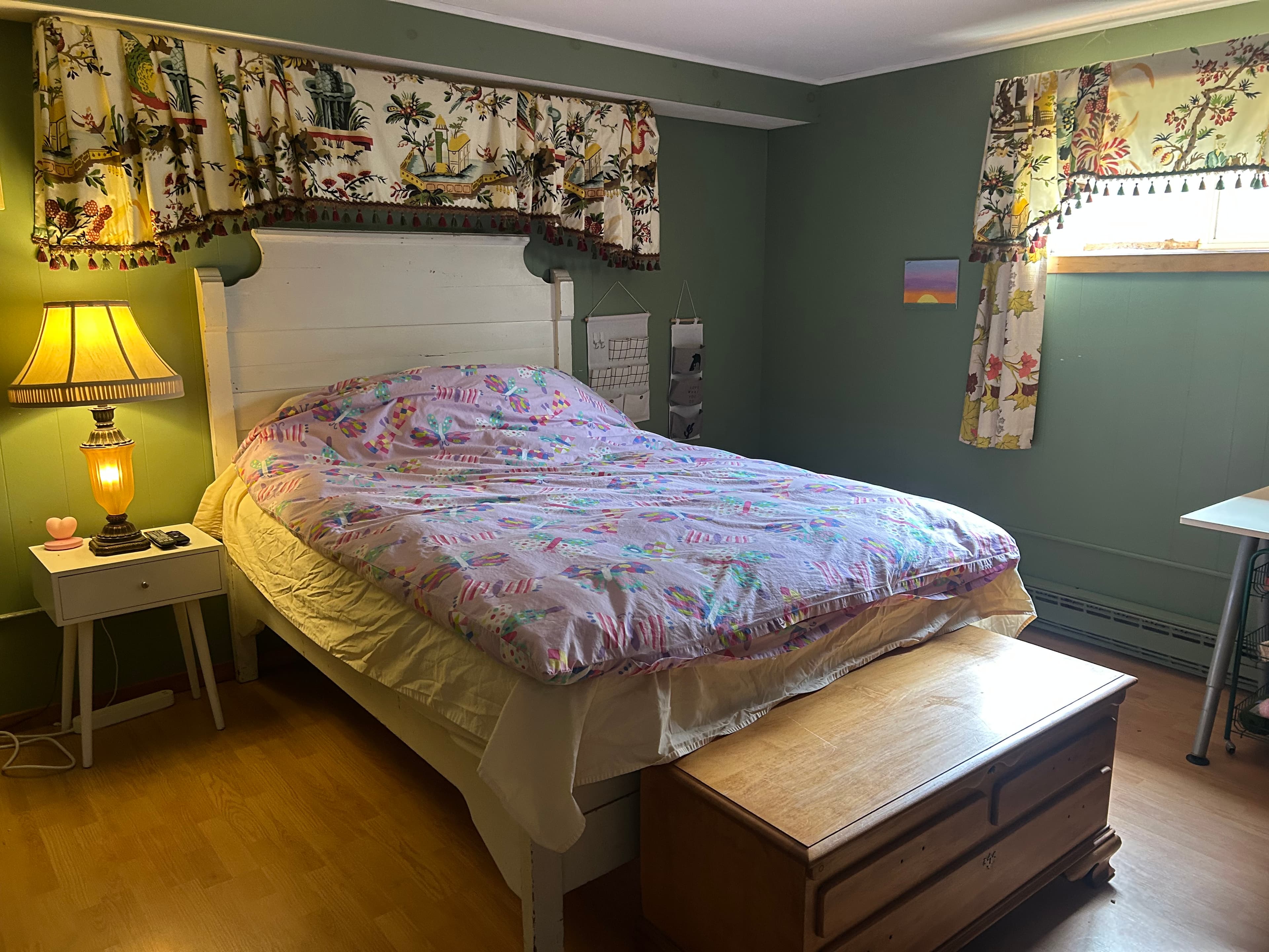 Bedroom with floral curtains