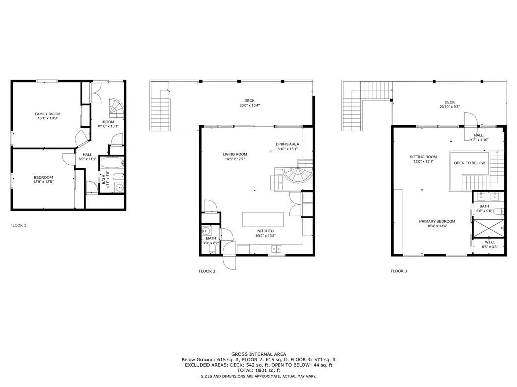 Floorplan — three-floor layout with room dimensions